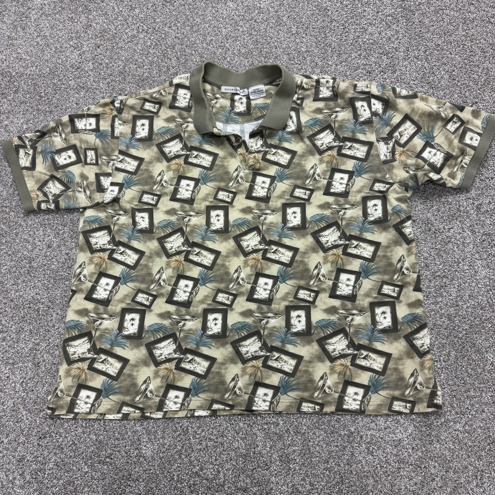Vintage Knightsbridge Polo Shirt Men XL Beige Tropical Graphic Knit Short Sleeve